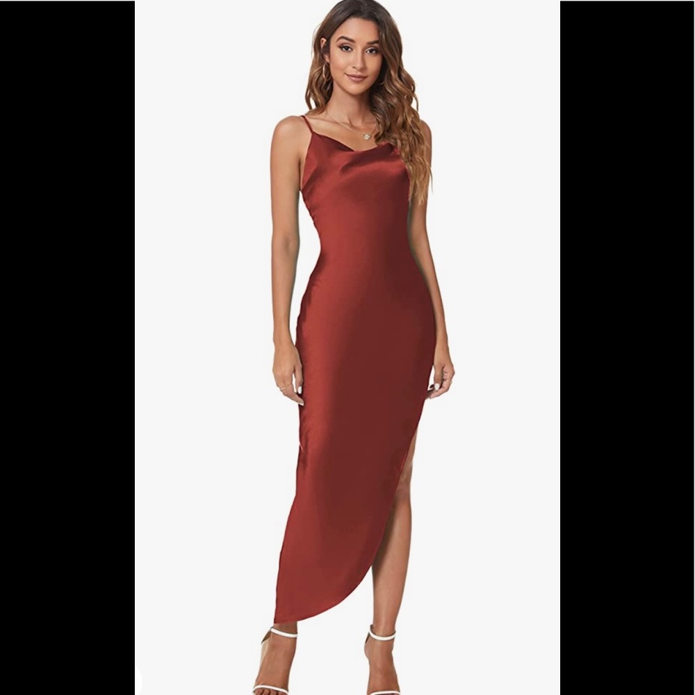 Satin Spaghetti Strap Evening Dress in Terracotta